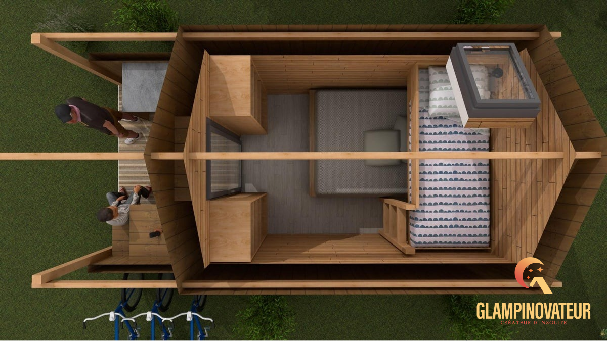 Photo d’un lodge en bois isolé pour hébergement insolite en camping, fabriqué en France par Glampinovateur et livré partout en France.