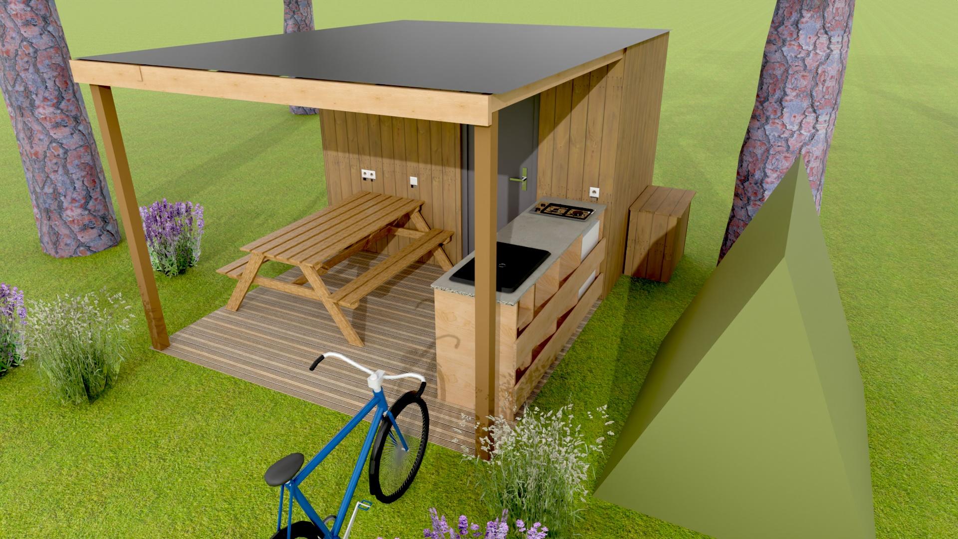 Accueil vélo avec bloc sanitaire privé, conçu pour offrir confort et praticité aux cyclistes dans les campings