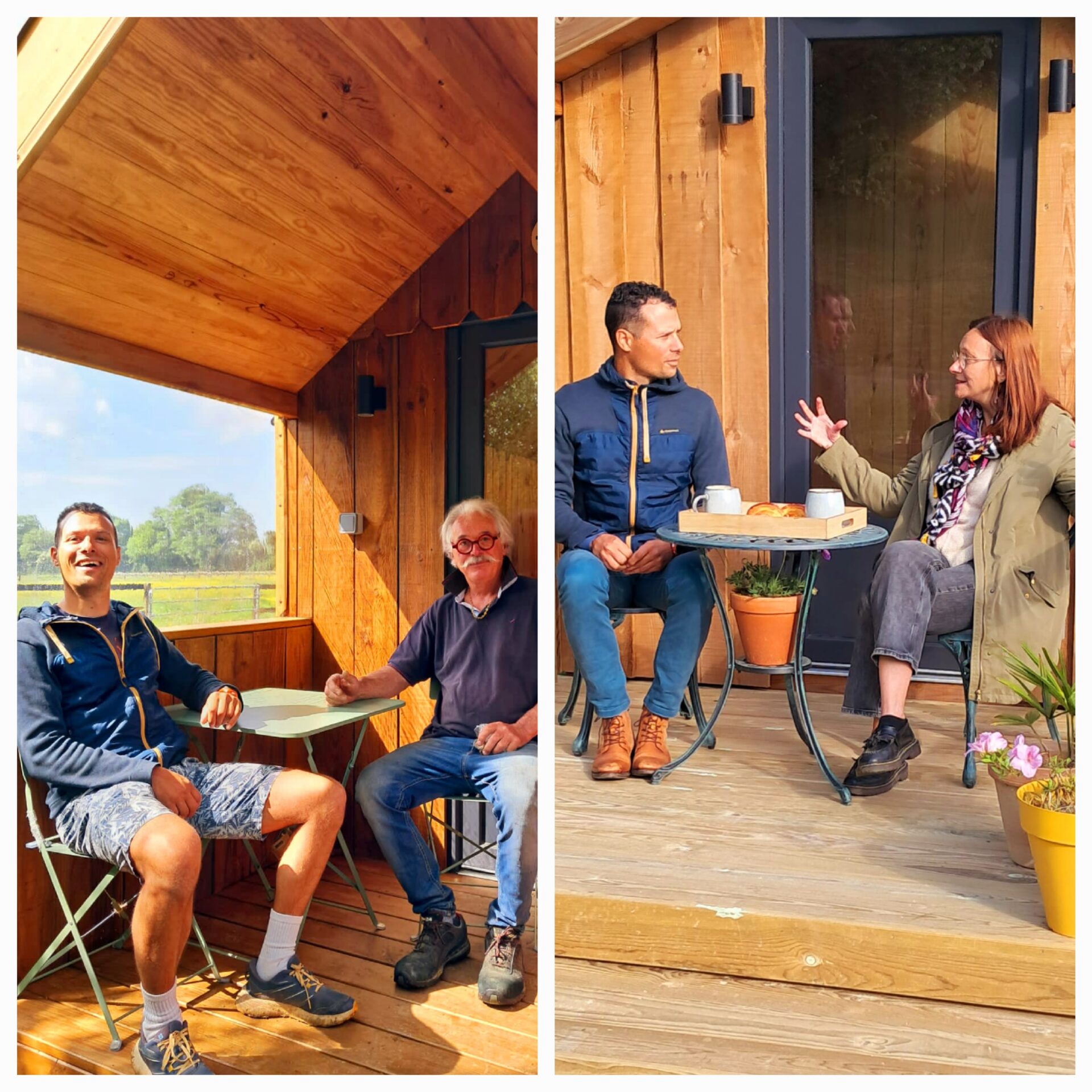 Nos clients heureux sur leurs hébergements insolites – GLAMPINOVATEUR Clients heureux devant leurs lodges glamping en bois – hébergements insolites signés GLAMPINOVATEUR