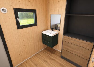 Sanitaire individuel pour camping avec vasque et placard de rangement