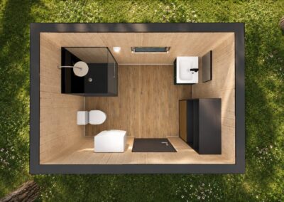 Sanitaire individuel pour camping vue en plongée avec aménagement optimisé